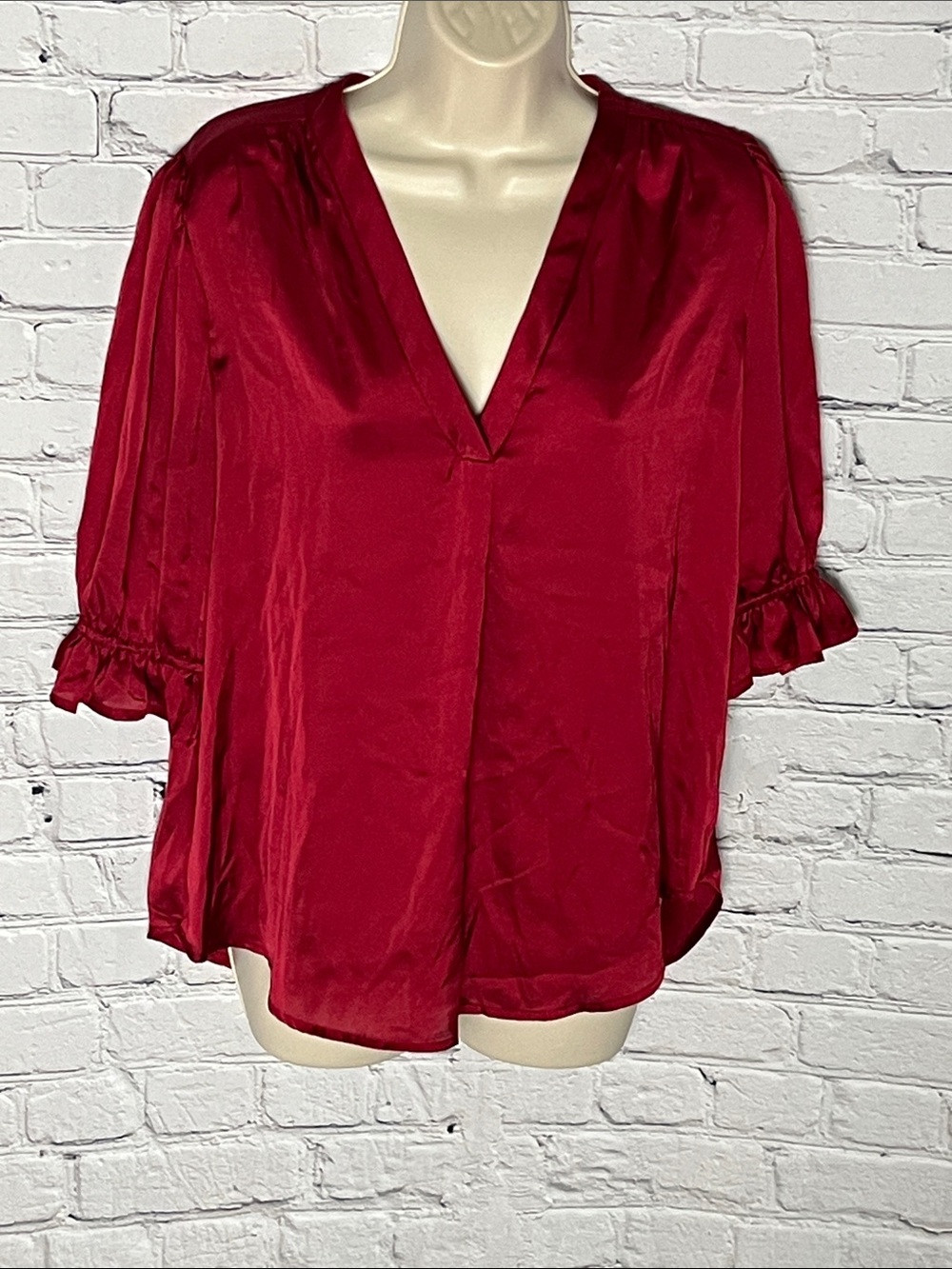 Vince Camuto Satin Deep Red V-Neck Blouse with Ruffle Sleeves
